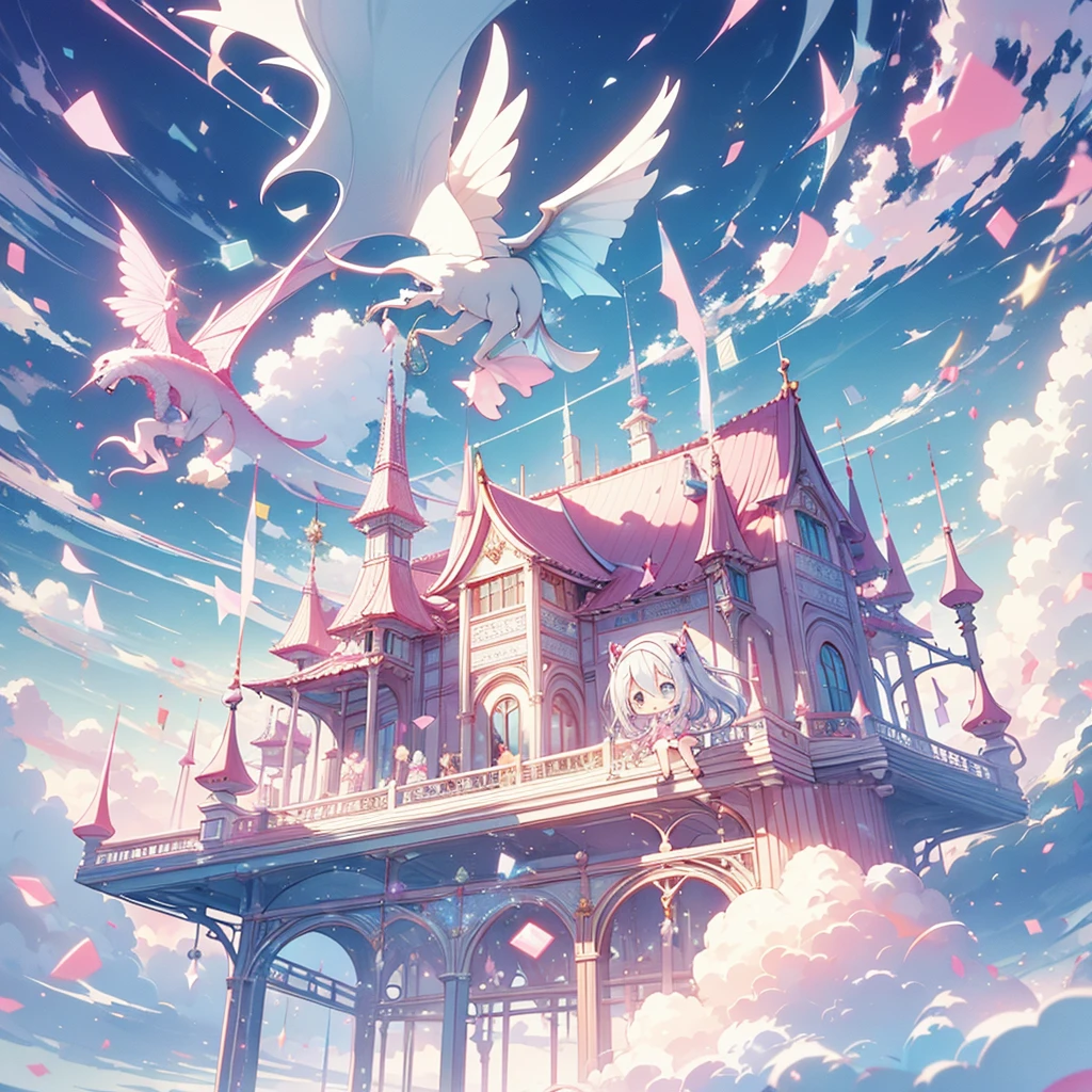 PastelColors、Pink and White Candy House、Chibi sitting astride on a  dragon、Flying in the sky、