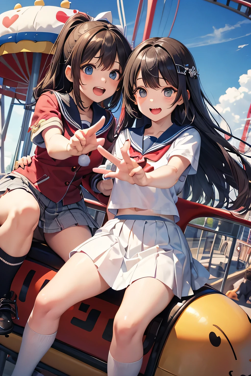 highest quality、High resolution、Detailed Background、(Beautiful face in every detail:1.4)、Anatomically correct、(Draw the usual number of fingers:1.2)、(Detailed facial expressions)、(Detailed eyes:1.2)、(Detailed eyes:1.2)、Teenage beauty、(Highly detailed face:1.4)、Brown Hair、Black Hair、Bobcut、ponytail、Braided long hair、Wavy Hairstyle、well-groomed eyebrows、Perfect body line、White Sailor Suit、Light blue sailor collar、Pleated skirt、School Cardigan、White Stockings、Theme park、amusement park、A big smile、Cowboy Shot、Fit on one screen、

(Two beautiful girls making surprised expressions and gestures while riding a roller coaster or merry-go-round:1.5)、

amusement parkでアイスクリームやポップコーンなどのおやつがこぼれるcuteハプニング、
Make cute poses and gestures when taking photos with the Disney and Sanrio characters who greet you.、cute