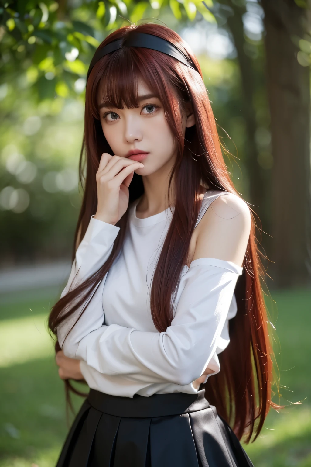 Eris Greyrat, 1 Girl, Solitary, Long hair, Ahog, Red Eyes, Red hair, Bare shoulders,Headbands, Cross your arms,blush, skirt, black Headbands, breast, Separate sleeves,Bangs, Hair between the eyes, Long sleeve, Hair flap, Shut up, black skirt, brown skirt, shirt, crossed Bangs, very Long hair, white shirt,Biomes,Pointing at oneself,call out,angry,