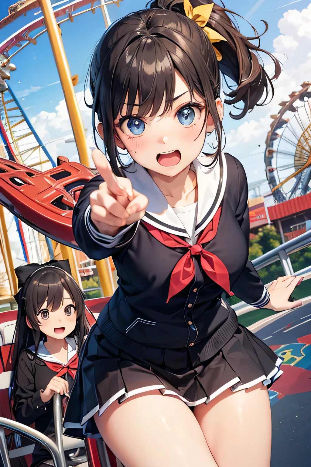 highest quality、High resolution、Detailed Background、(Beautiful face in every detail:1.4)、Anatomically correct、(Draw the usual number of fingers:1.2)、(Detailed facial expressions)、(Detailed eyes:1.2)、(Detailed eyes:1.2)、Teenage beauty、(Highly detailed face:1.4)、Brown Hair、Black Hair、Bobcut、ponytail、Braided long hair、Wavy Hairstyle、well-groomed eyebrows、Perfect body line、White Sailor Suit、Light blue sailor collar、Pleated skirt、School Cardigan、White Stockings、Theme park、amusement park、A big smile、Cowboy Shot、Fit on one screen、

(Two beautiful girls making surprised expressions and gestures while riding a roller coaster or merry-go-round:1.5)、

amusement parkでアイスクリームやポップコーンなどのおやつがこぼれるcuteハプニング、
Make cute poses and gestures when taking photos with the Disney and Sanrio characters who greet you.、cute