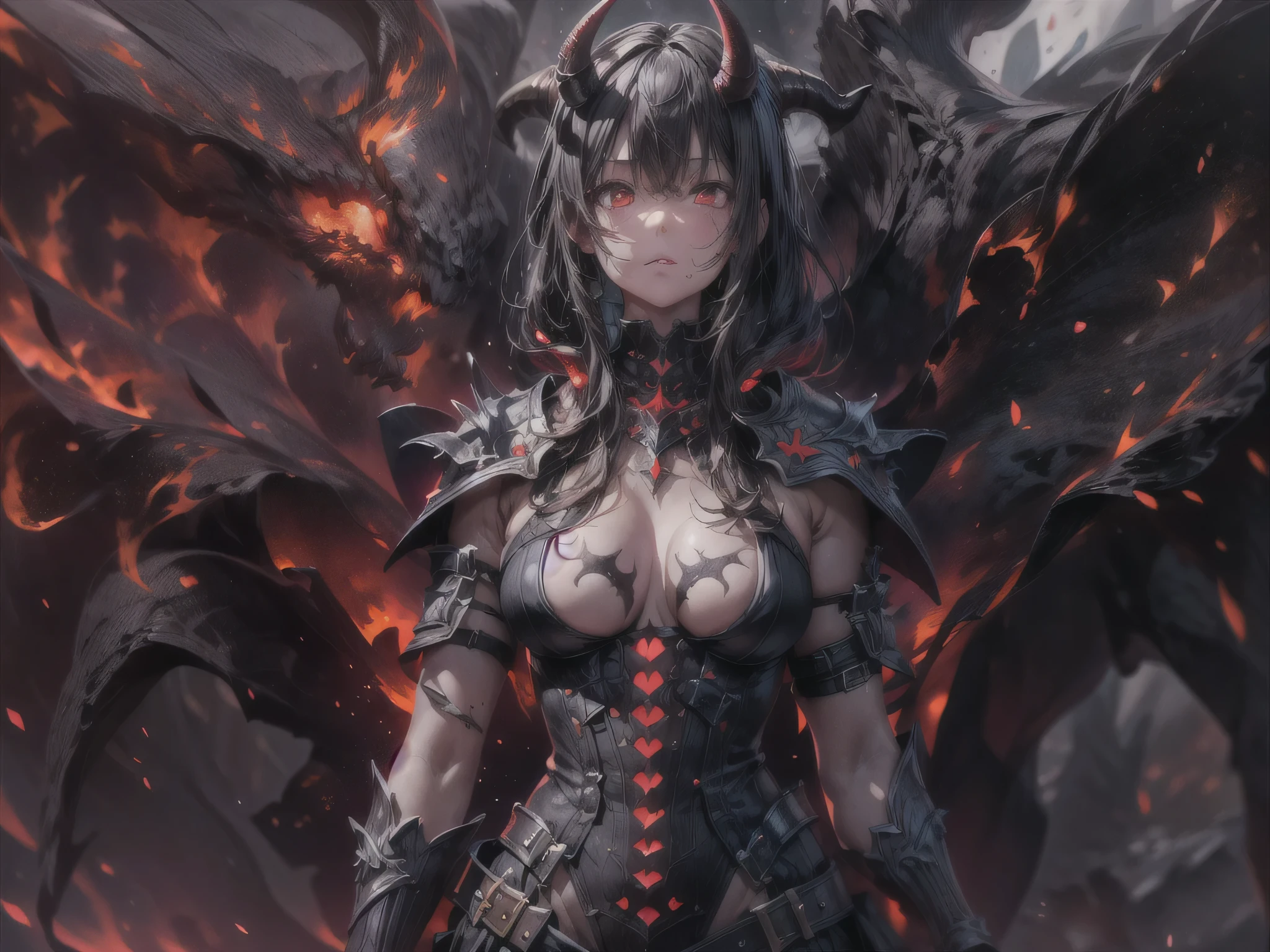 fantasy art, RPG art, masterpiece, a portrait picture o hellish female demon from hell, she has (black horns: 1.2), (black: 1.2) demon wings, (red: 1.3) skin, red lava dripping from her, she wears white armor, hdsrmr, streams of rolling lava, hell in the background, 3d rendering