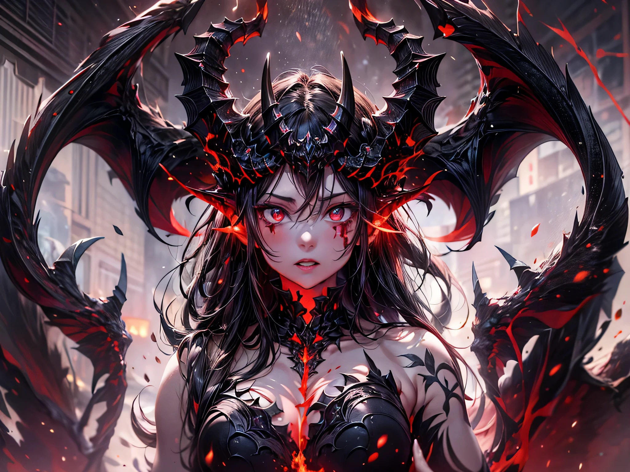 fantasy art, RPG art, masterpiece, a portrait picture o hellish female demon from hell, she has (black horns: 1.2), (black: 1.2) demon wings, (red: 1.3) skin, red lava dripping from her, she wears white armor, hdsrmr, streams of rolling lava, hell in the background, 3d rendering