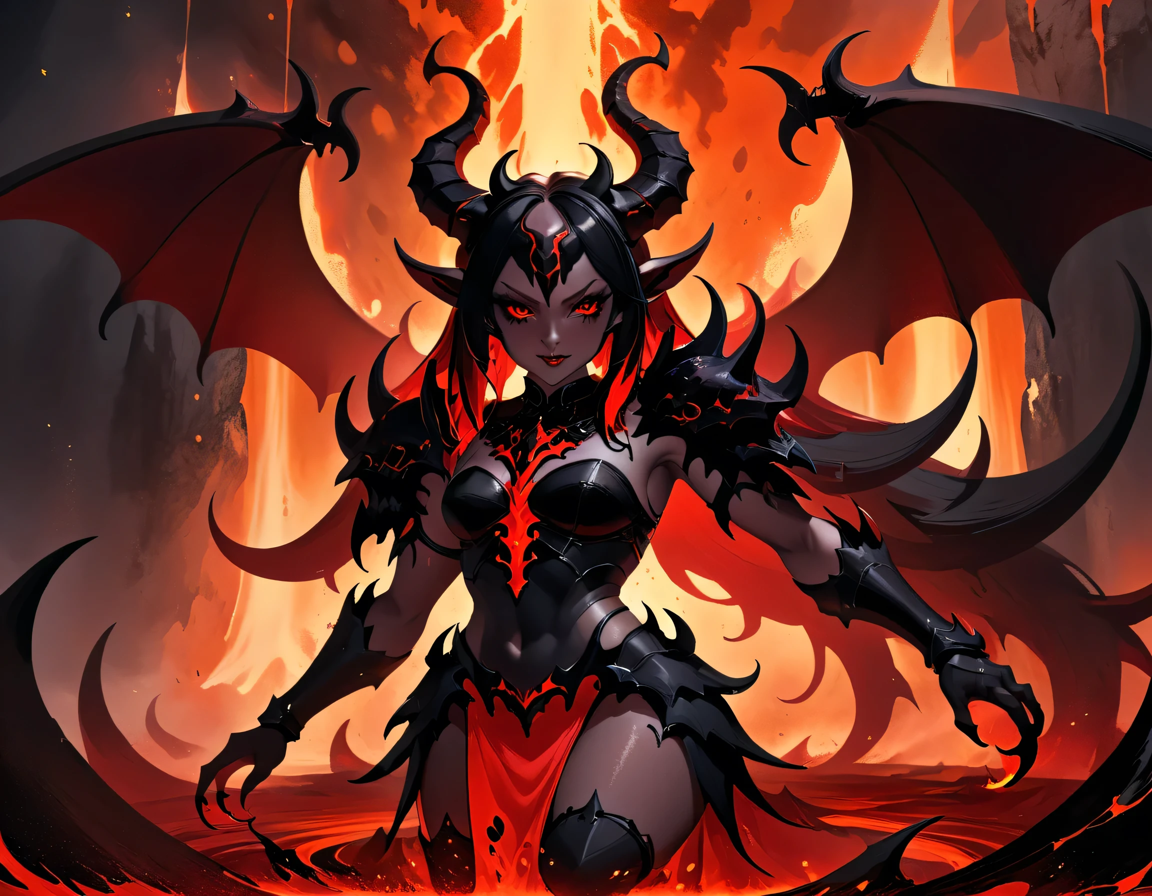 fantasy art, RPG art, masterpiece, a portrait picture o hellish female demon from hell, she has (black horns: 1.2), (black: 1.2) demon wings, (red: 1.3) skin, red lava dripping from her, she wears white armor, hdsrmr, streams of rolling lava, hell in the background, 3d rendering, shadow wings