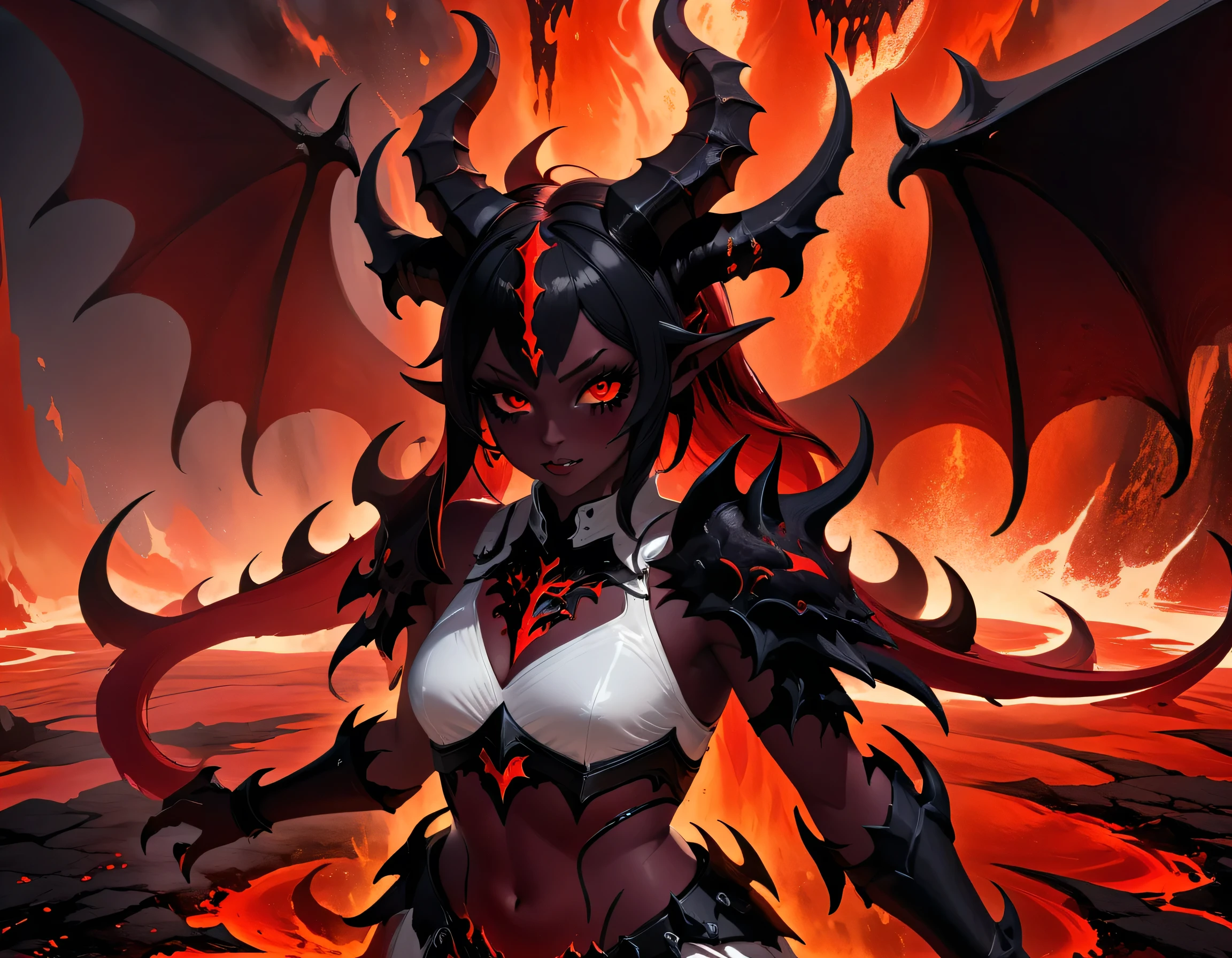 fantasy art, RPG art, masterpiece, a portrait picture o hellish female demon from hell, she has (black horns: 1.2), (black: 1.2) demon wings, (red: 1.3) skin, red lava dripping from her, she wears white armor, hdsrmr, streams of rolling lava, hell in the background, 3d rendering, shadow wings