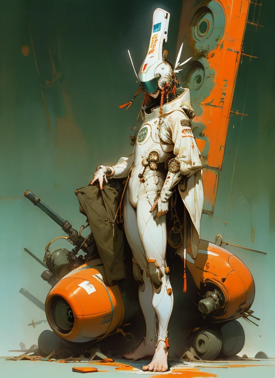 Perfect Proportions, Anatomically correct, (Head to Toe: 2.0), (Full body image: 2.0), alone,Highly stylized, Deviant art, masterpiece, Very detailed, Fine grain, expressive Fine grain, Detailed pupil, Futuristic, ((1950s Sci-Fi Helmet)), Rubber Gloss, (Flight Suit:1.4), big boot, Full body image, Full Body Shot, nvInkpunk,_skarsgard, Tassel, big beads, (大きなTassel), cyber punk, Inkpunk, Paint tray, Ink splash, (Action pose:1.0),