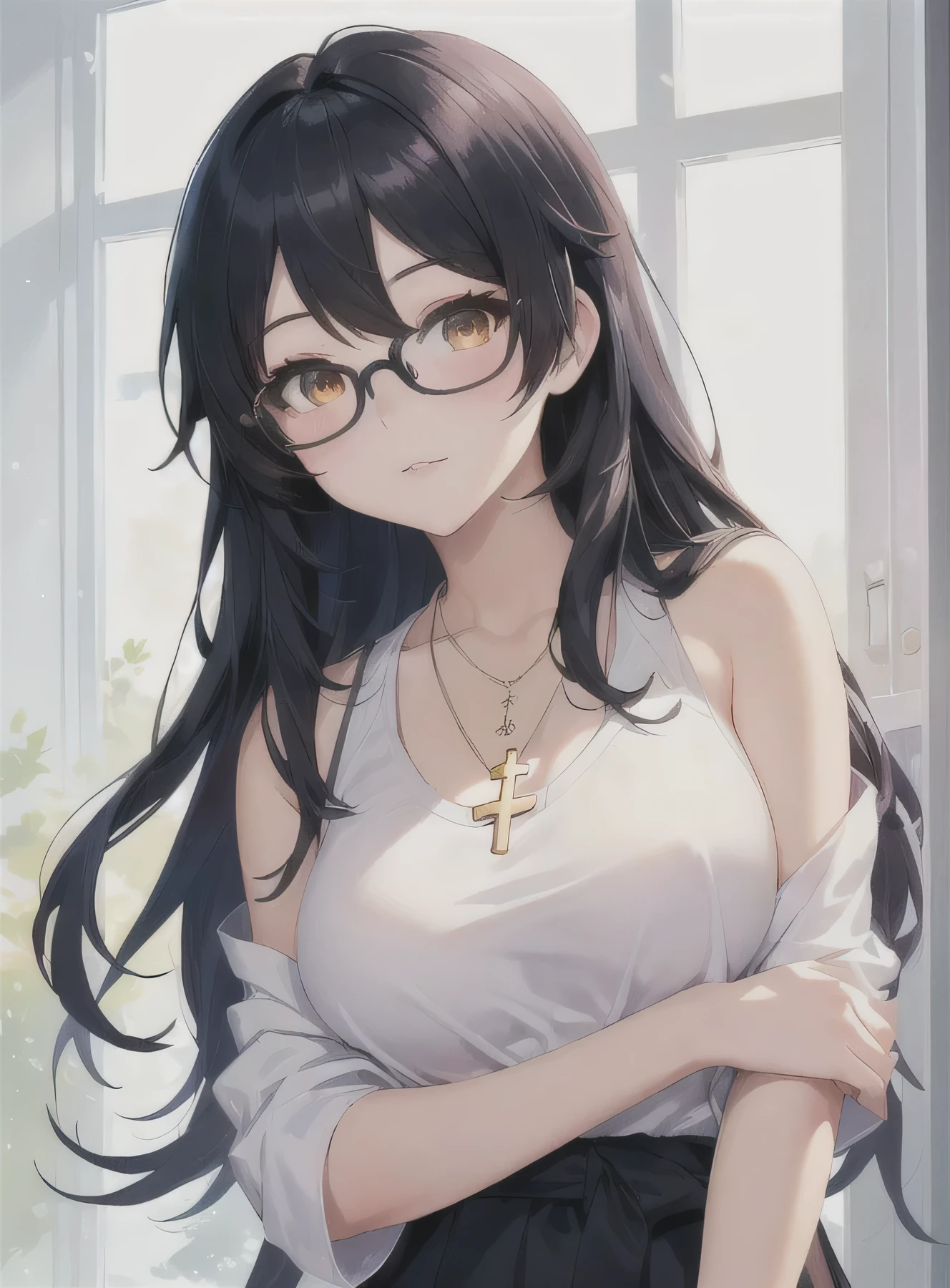 anime girl wear glasses and a necklace with a cross on her chest, guweiz, OL girl, She has beautiful black hair and golden eyes, Artwork in the style of Guweiz, , wear glasses, Detailed digital anime art, Attractive anime girl, cleveage, Clean and detailed anime art, Charming anime girl, Guweiz on Pixiv ArtStation,8K HD