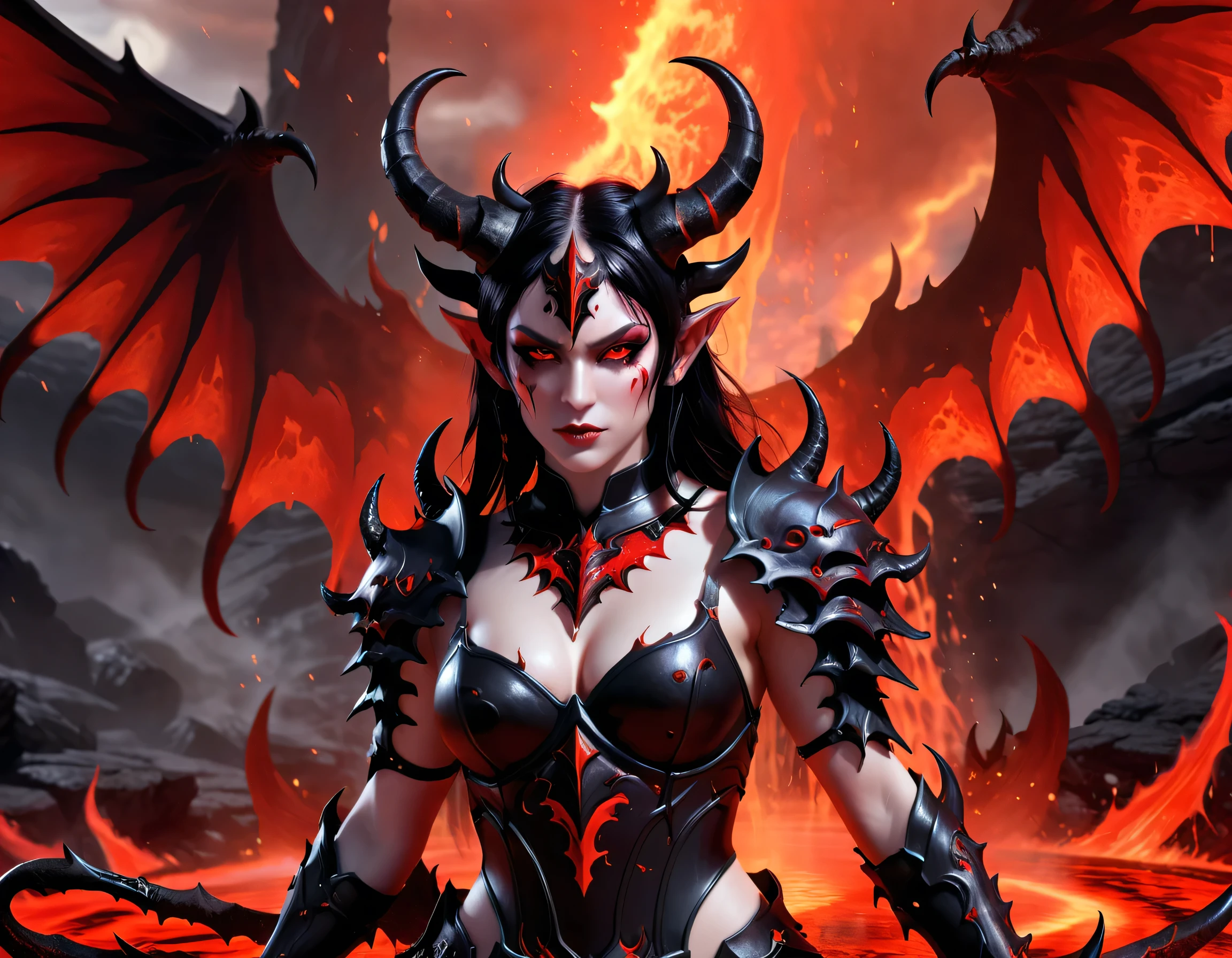 fantasy art, RPG art, masterpiece, a portrait picture o hellish female demon from hell, she has (black horns: 1.2), (black: 1.2) demon wings, (red: 1.3) skin, red lava dripping from her, she wears white armor, hdsrmr, streams of rolling lava, hell in the background, 3d rendering, shadow wings