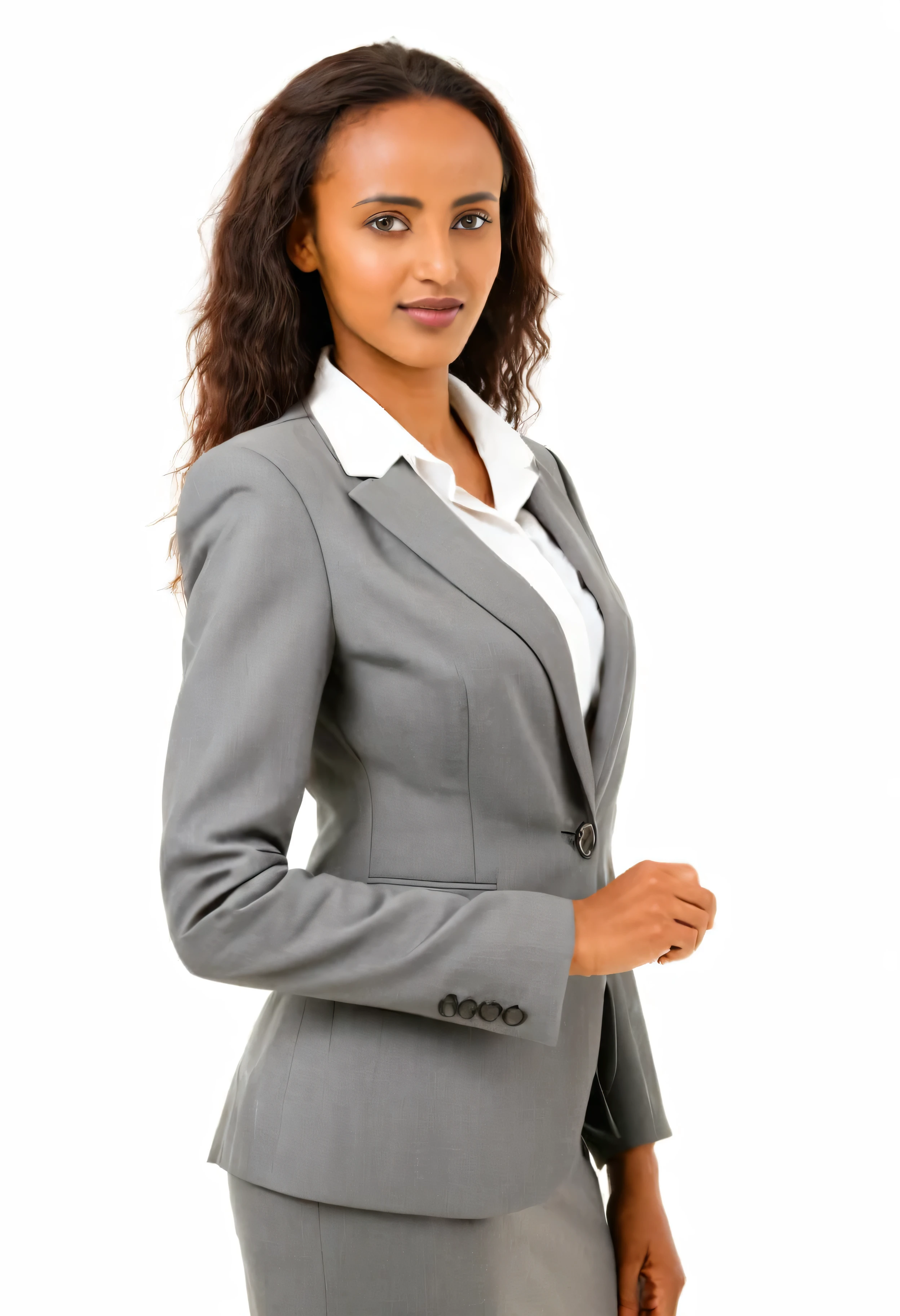 A confident Ethiopian businesswoman stands gracefully on the side, exuding professionalism and determination. wearing a womans suit, white background , holding her hand to the side like she is showing something