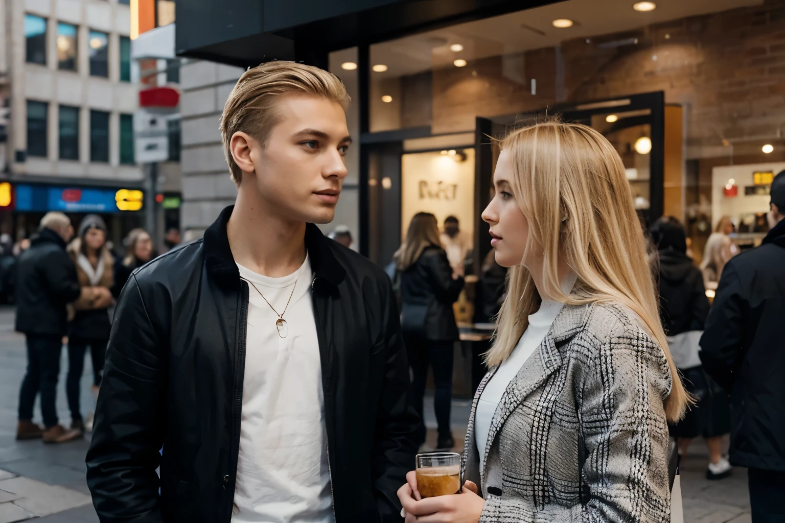 BLONDE WOMAN TALKING TO A MAN