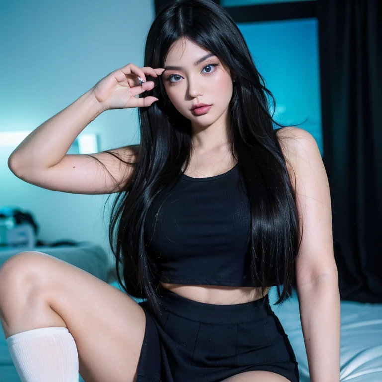 masterpiece, gothic aesthetic, dream atmosphere, ultra realistic, 16k, best quality, absurdres, perfect anatomy, 1girl, goth brunette, voluminous silky hair, cute hair fringe, goth makeup, realistic turquoise eyes (intense look). pale-white skin (highlighted), realistic shading, solo, Caera, realistic blue eyes, black t-shirt, small natural breasts cleavage, large hips, thick thighs, thick legs, black mini skirt, tights (realistic textures), pretty seductive, upper body, beautiful girl, happy, inside a (neon pastel lights) modern house, different poses at different angles, blurred background, cinematic, Photorealistic.