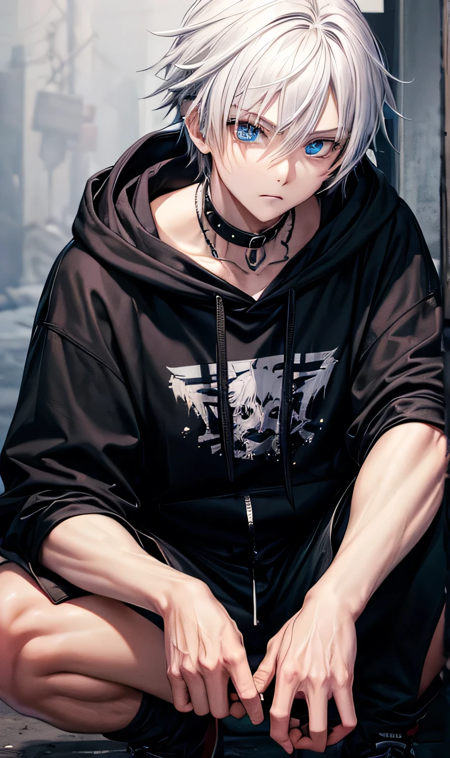 Black hoodie,Wearing a hood,
male,silver hair,Spiky Hair,Visual Kei,On the face,Slums,Beautiful Blue Eyes,Jewelry Eye,