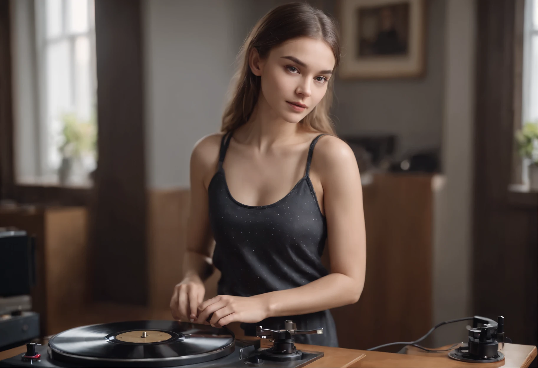 portrait image of a very beautiful Russian teenage woman wearing translucent singlet summer dress, slender shape, pulling the music vinyl to put on turntable audio with McIntosh amplifiers ma9000 in music room in background, diffuse lighting, ultra-realistic