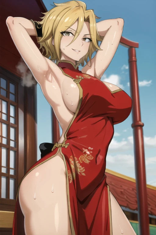 ((best quality)),((highly detailed)),masterpiece,absurdres,detailed face,beautiful face,(detailed eyes, deep eyes),1girl,((dynamic pose)), dimaria, yellow hair, solo, bow, large breasts, cowboy shot, chinese town, outdoors, seductive smile, looking at viewer, wearing red chinese dress, put your hands behind your head, armpits, armpits visible, sweaty armpits