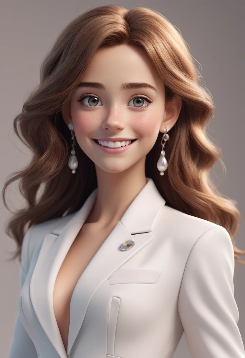 Disney girl,a beautiful 35 years old girl,Low saturation Pixar,Super details, clay, anime waifu, looking at viewer, bright smile,big eyes,wearing peal stud earrings,round face, light white suit, small breast size, nighly detailed, edge lighting, art station seraflur,solid color background, soft focus,8k,best quality,3d,c4d,blender,ultra high definition,3d rendering, 8k,--iw0.5