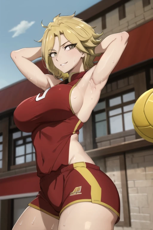 ((best quality)),((highly detailed)),masterpiece,absurdres,detailed face,beautiful face,(detailed eyes, deep eyes),1girl,((dynamic pose)), dimaria, yellow hair, solo, bow, large breasts, cowboy shot, chinese town, outdoors, seductive smile, looking at viewer, wearing yellow volleyball uniform, put your hands behind your head, armpits, armpits visible, sweaty armpits