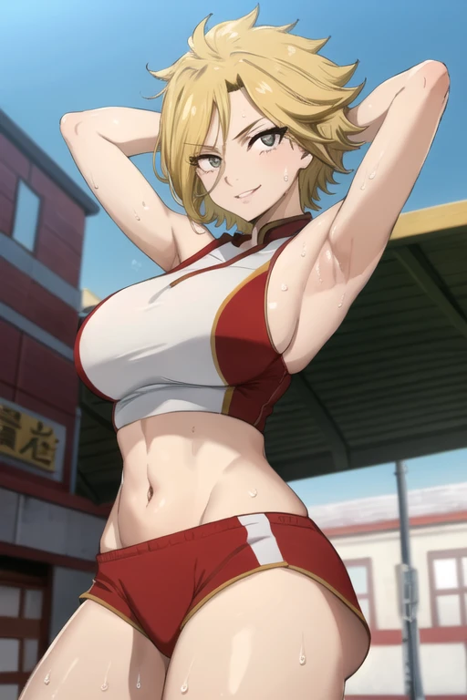 ((best quality)),((highly detailed)),masterpiece,absurdres,detailed face,beautiful face,(detailed eyes, deep eyes),1girl,((dynamic pose)), dimaria, yellow hair, solo, bow, large breasts, cowboy shot, chinese town, outdoors, seductive smile, looking at viewer, wearing yellow volleyball uniform, put your hands behind your head, armpits, armpits visible, sweaty armpits