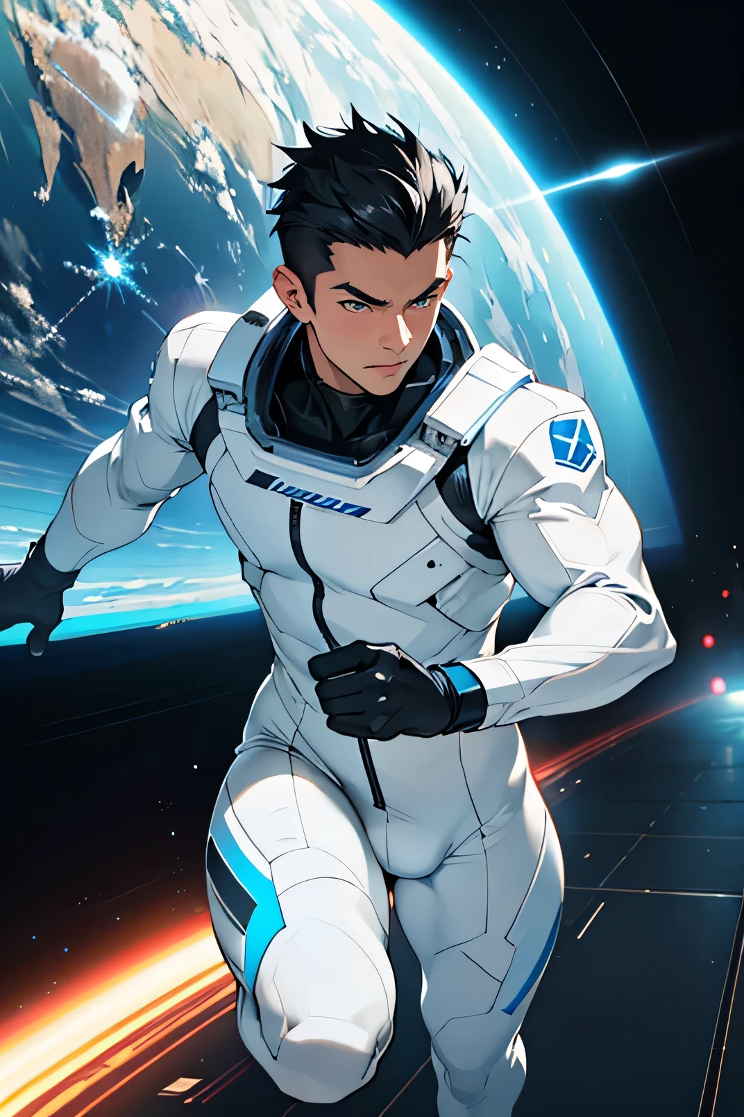 Handsome Men Black hair, shaved, Japanese, 22 years old A tight white and blue rubber suit Science fiction Futuristic tight rubber suit Bulge Run at full speed Short Hair Looking at the camera while running The man has nothing in his hands Run at full speed white gloves The background is a space station More Short Hair