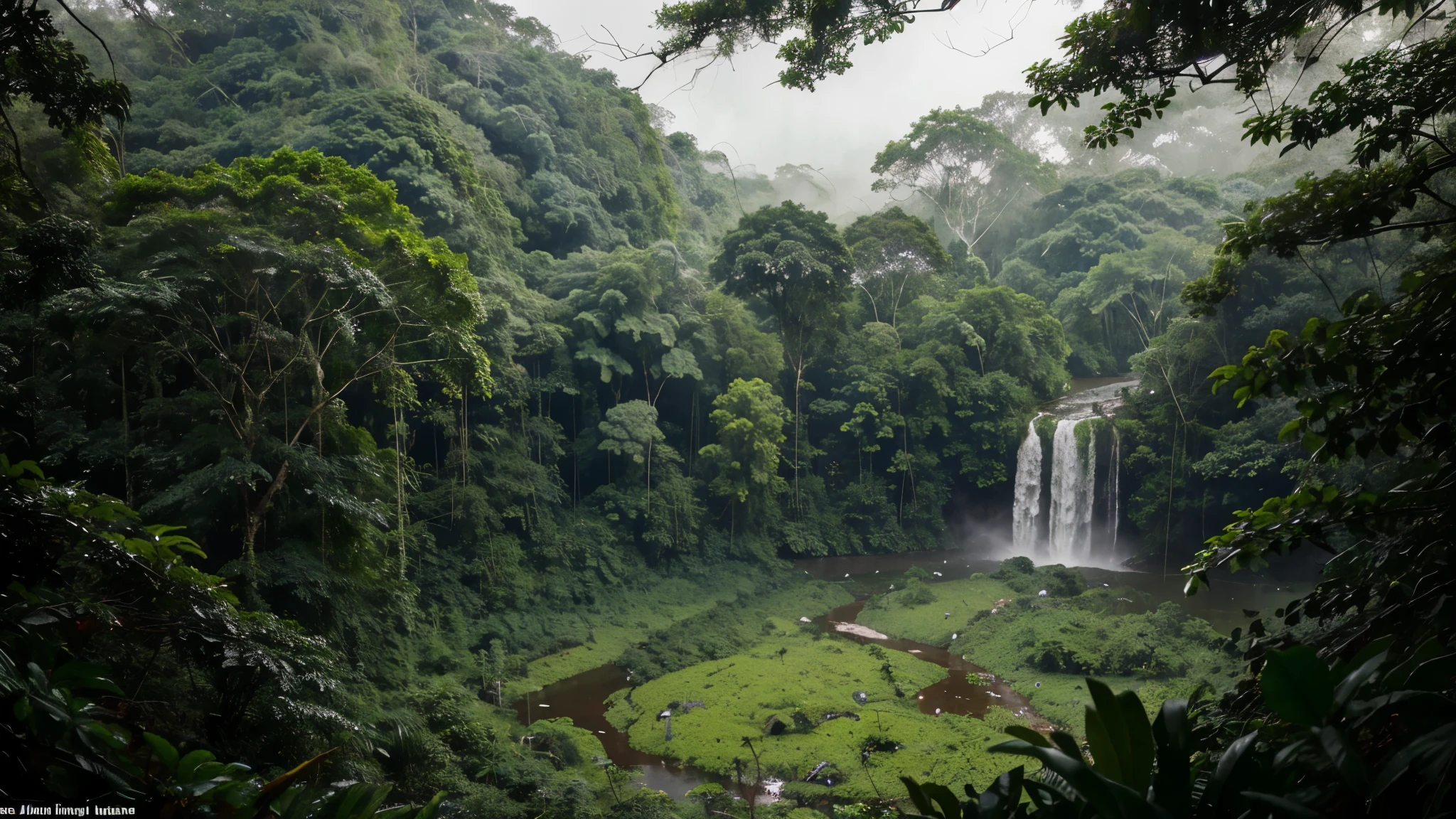 Write a prompt for an image depicting a rainy day in the Amazon rainforest:
"Amidst the towering trees of the Amazon rainforest, the sky is veiled in a heavy curtain of rain. Through the dense foliage, droplets cascade, creating a symphony of soft pattering sounds. In this tranquil scene, vibrant green leaves glisten with moisture, while mist rises from the forest floor. A river, swollen with rainwater, winds its way through the lush landscape, reflecting the muted light filtering through the canopy above. Despite the downpour, life in the rainforest thrives, as creatures seek shelter or embrace the nourishing rain. Capture the serene beauty and vitality of this rainy day in the heart of the Amazon."