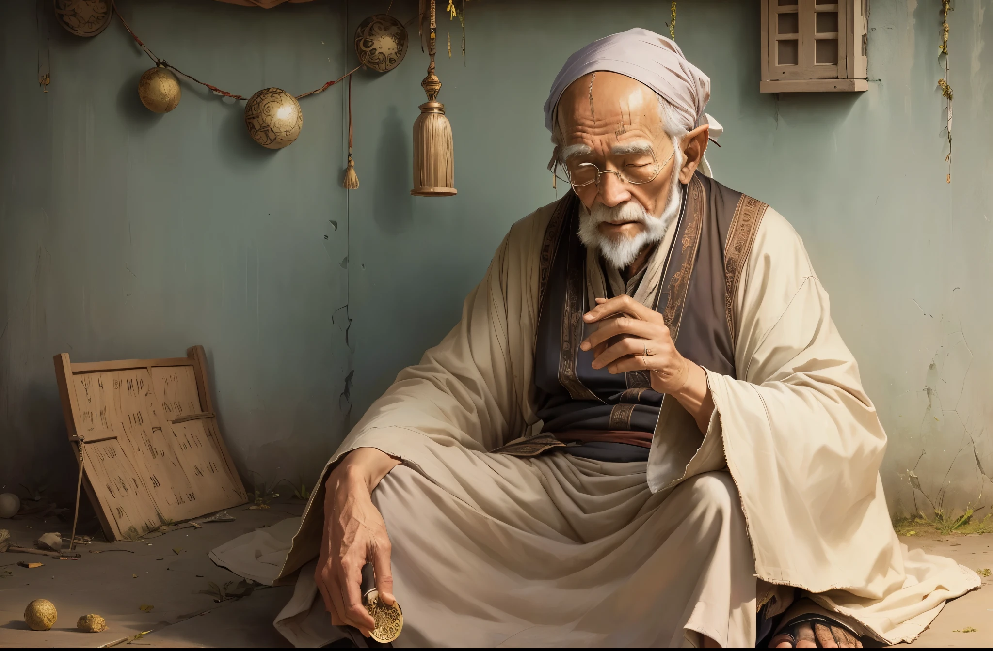 Old man sitting on the ground，Fortune Telling