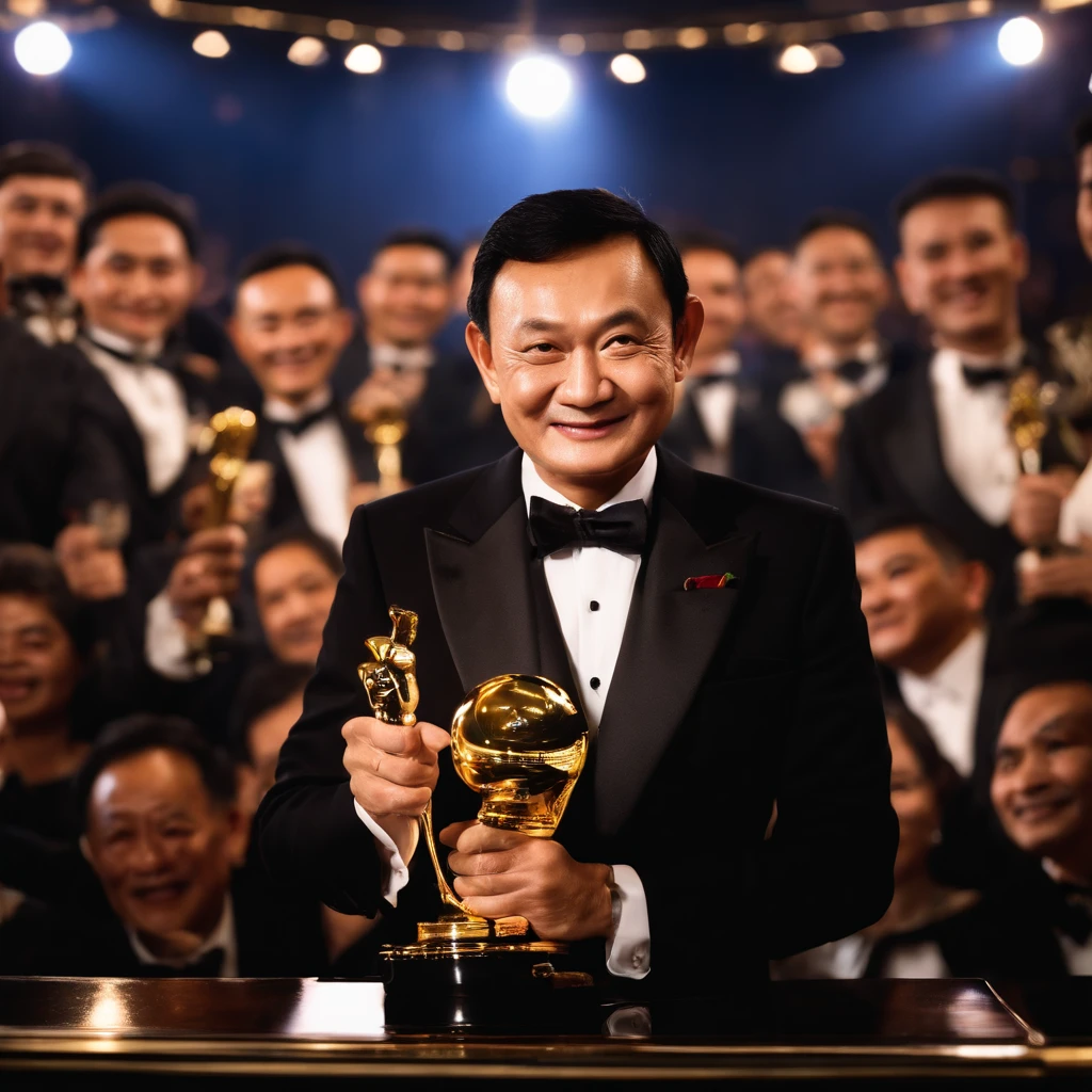 Thaksin Shinawatra,holding Oscar trophy,tuxedo,white shirt,black overcoat,descriptive eyes, detailed face, confident smile, elegant posture,dark theater,spotlight, dramatic lighting,best quality,ultra-detailed,professional,portraits,vivid colors