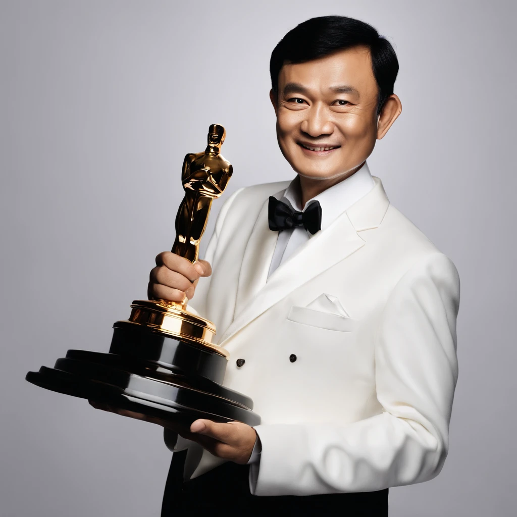 Thaksin Shinawatra,holding Oscar trophy,tuxedo,white shirt,black overcoat,descriptive eyes, detailed face, confident smile, elegant posture,dark theater,spotlight, dramatic lighting,best quality,ultra-detailed,professional,portraits,vivid colors