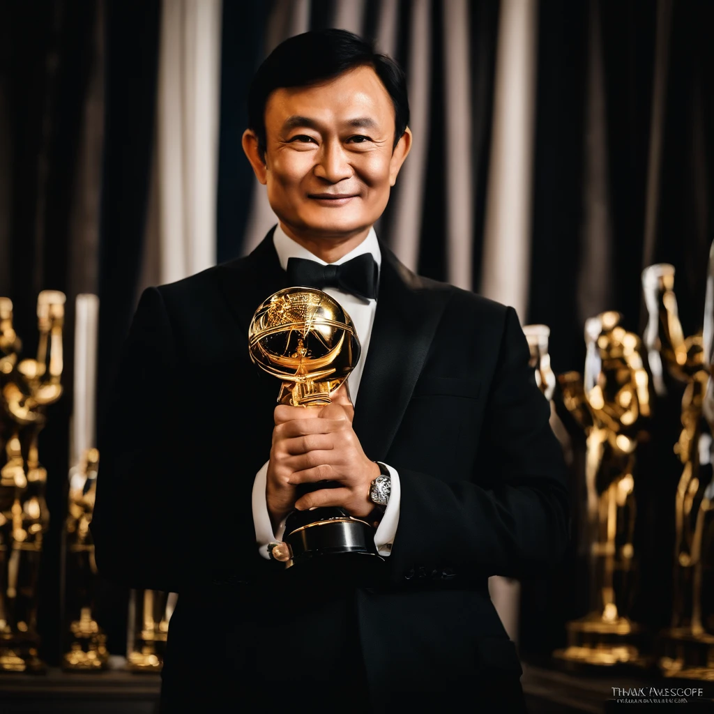Thaksin Shinawatra,holding Oscar trophy,tuxedo,white shirt,black overcoat,descriptive eyes, detailed face, confident smile, elegant posture,dark theater,spotlight, dramatic lighting,best quality,ultra-detailed,professional,portraits,vivid colors