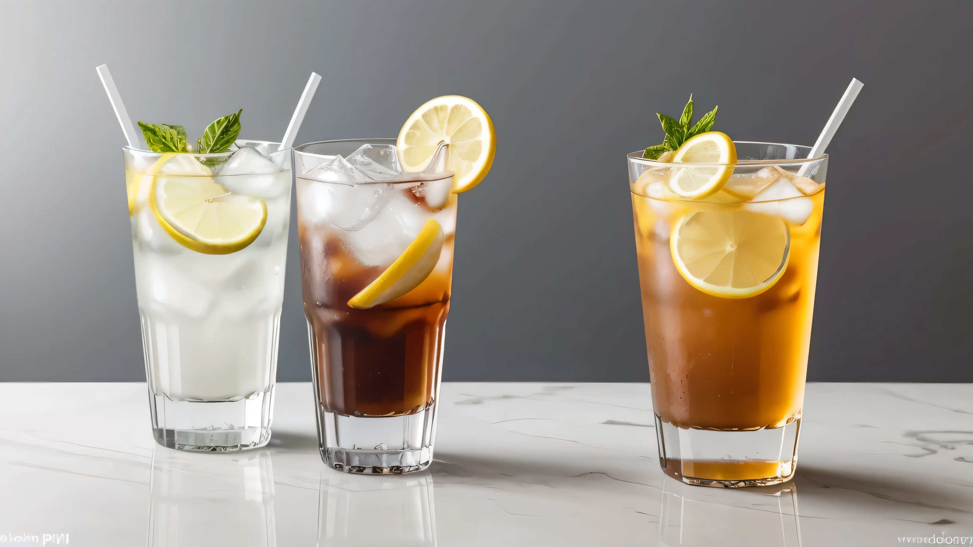 2 drinks，Includes 1 iced Americano/A glass of iced transparent lemon sparkling water, HD. photography,Shot at a 45-degree angle，Simple glass，Glass has no texture，There is white space above and below，Products，publicity，Food photography，Simple gray and white solid color background wall，Background without clutter and decoration