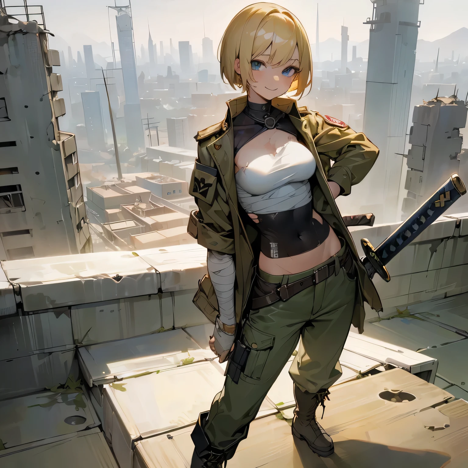 (Young blonde girl), (short hair to shoulders), (big confidence smile), (open jacket, bandages over breasts), (dirty aspect, scars), (militar pants and boots), (holding a great sword with one hand), (exposed belly, full of scars), (Torn clothes), (apocalypse city background)