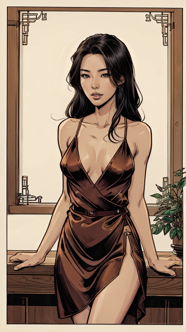 Beautifull, Toned, Korean woman, toned body, slim legs, silk dress, gorgeous, Side parted hair, Gardencore, Comic Artstyle 2D