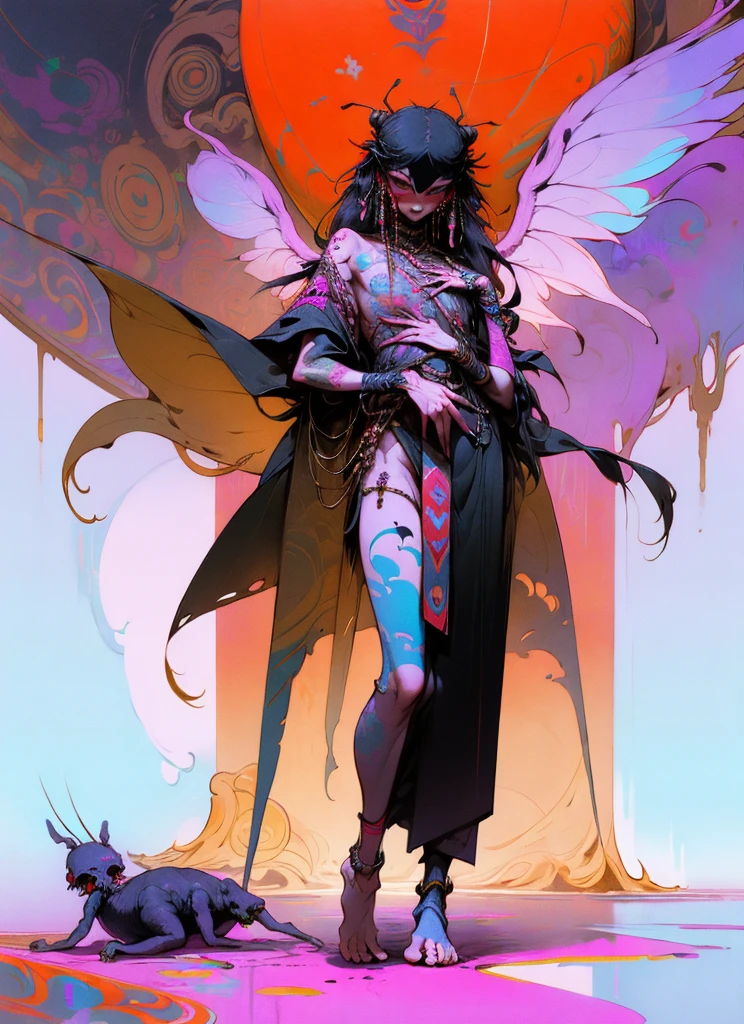 Perfect Proportions, Anatomically correct, (Head to Toe: 2.0), (Full body image: 2.0), alone,Highly stylized, Deviant art, masterpiece, Very detailed, Fine grain, expressive Fine grain, Detailed pupil, Futuristic,woman、clown、(balloon、mahjong)、Full body portrait、(clownメイク) 、Purple and black twin tails、((Black tribal tattoos all over the body、Tattoo of wings on the chest、Insect tattoos、Centipede tattoo on arm))
, Full body image, Full Body Shot, nvInkpunk,_skarsgard, Tassel, big beads, (大きなTassel), cyber punk, Inkpunk, Paint tray, Ink splash, (Action pose:1.0),