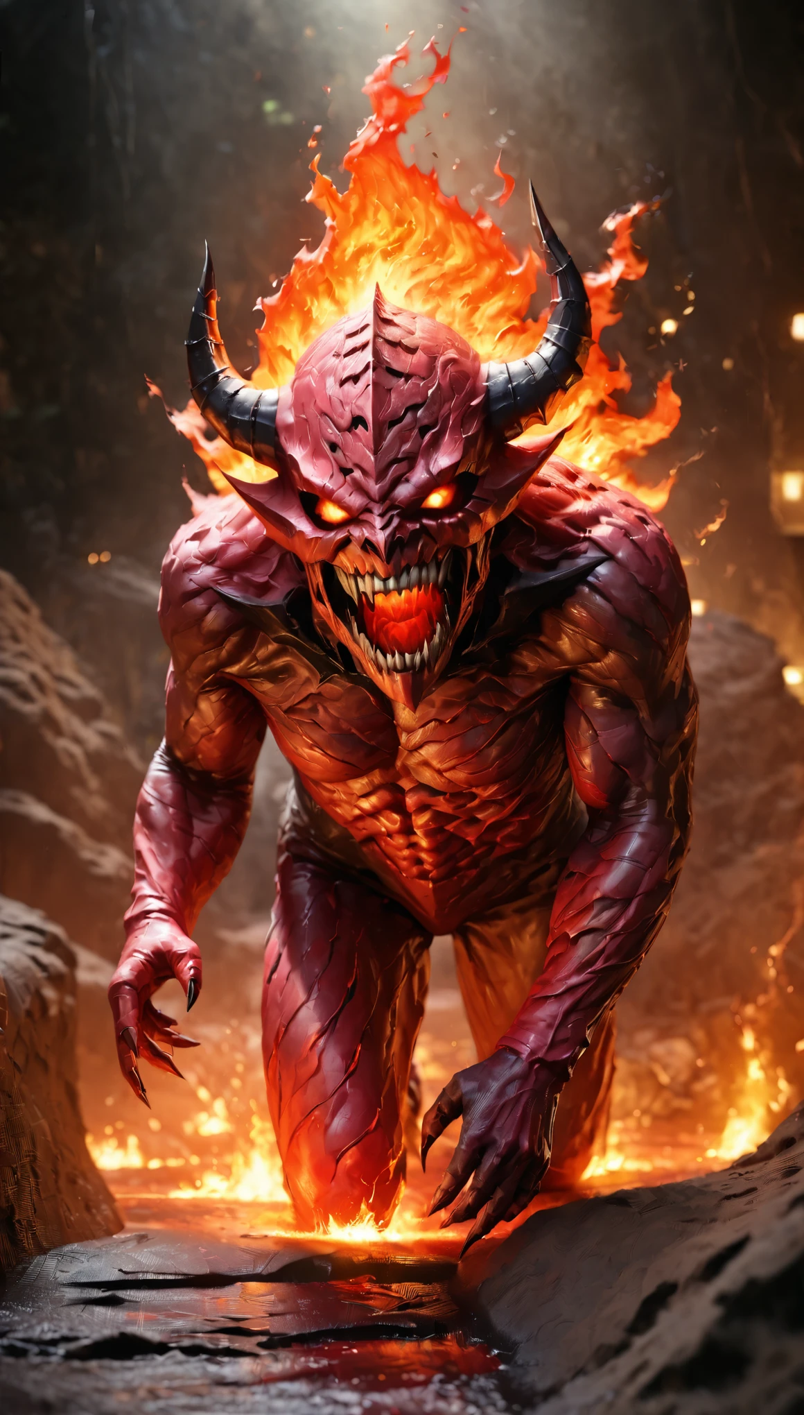 lava demon,demonic figure,lava body,flames swirling,lava river,volcanic background,dark color palette,horror atmosphere,(best quality,4k,8k,highres,masterpiece:1.2),ultra-detailed,(realistic,photorealistic,photo-realistic:1.37),HDR,UHD,studio lighting,ultra-fine painting,sharp focus,physically-based rendering,extreme detail description,professional,vivid colors,bokeh,horror,landscape,fiery reds and dark blacks,sinister lighting.