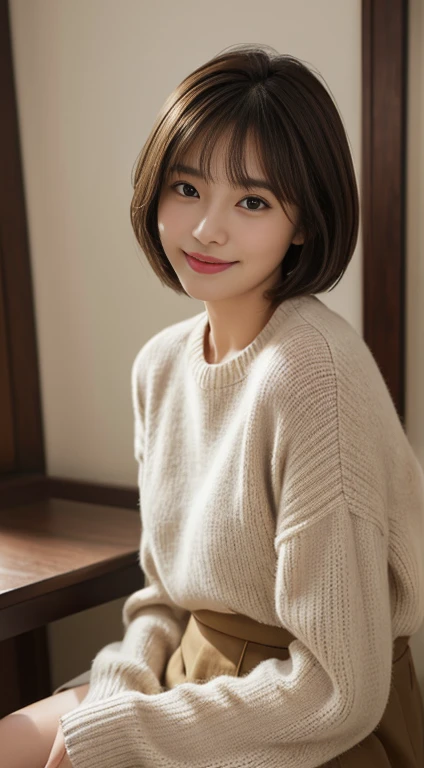 Tabletop, Best image quality, high quality, Beautiful Japanese Girl, cute, small, Fine grain, Detailed skin, Beautiful Skin, 超A high resolution, (reality: 1.4),so beautiful, A little younger face, Beautiful Skin, thin, (Ultra-photorealism), (High resolution), (8k), (Very detailed) (Beautiful and detailed eyes), (wallpaper), (Detailed face), Displaying the viewer, Fine details, Detailed face, sweater, skirt, Staring straight ahead, Staring straight ahead, Angle from waist up, Photo Real, Bright lighting, Professional Lighting, (Brown Hair, Bob Hair, Layered Cut, Swaying in the Wind, bangs),smile