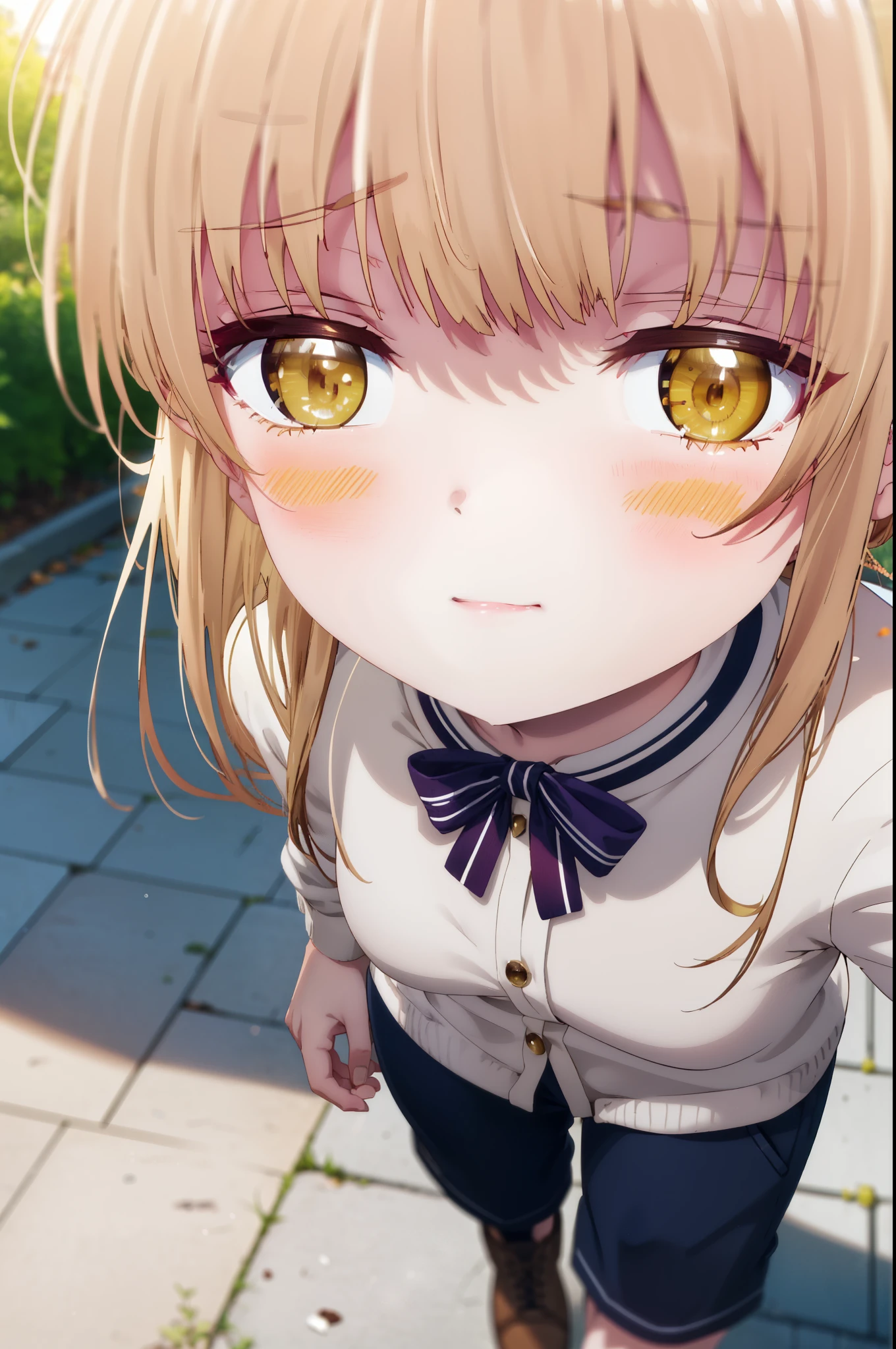 mahirushiina, Mahiru shiina, blonde, (Brown eyes:1.7), Long Hair, blush,happy smile, smile, Open your mouth,Hair Bun, single Hair Bun,
Plaid, Oversized Y-shirt, Shorts,black tights,short boots,Walking,whole bodyがイラストに入るように,evening,sunset,The sun is setting,
break looking at viewer, whole body,crowd, people々々,,
break outdoors, School building,
break (masterpiece:1.2), highest quality, High resolution, unity 8k wallpaper, (shape:0.8), (Beautiful details:1.6), Highly detailed face, Perfect lighting, Extremely detailed CG, (Perfect hands, Perfect Anatomy),
