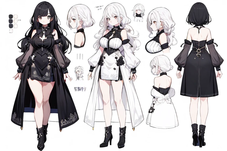 Character Sheet,[Sprite Sheet,Long black hair, naked, shorts,Adult women,tall, Large breasts, (masterpiece)Ultra-detailed, (White Background),Multiple Views