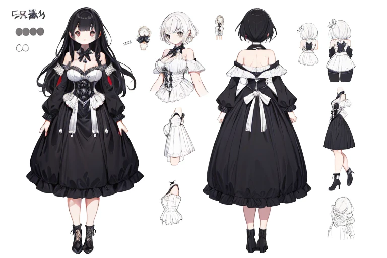 Character Sheet,[Sprite Sheet,Long black hair, Dress casually,Adult women,tall, Large breasts, (masterpiece)Ultra-detailed, (White Background),Multiple Views