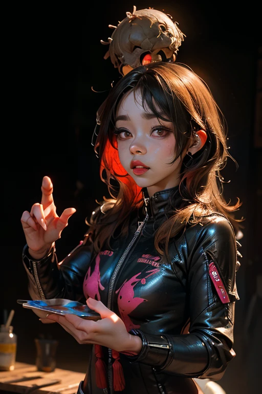 Perfect Proportions, Anatomically correct, (Head to Toe: 2.0), (Upper Body: 2.0), alone,Highly stylized, Deviant art, masterpiece, Very detailed, Fine grain, expressive Fine grain, Detailed pupil, Futuristic, Rubber Gloss, (Flight Suit:1.4), Patent leather boots, Full body image, Full Body Shot, nvInkpunk,_skarsgard, Tassel, big beads, (大きなTassel), cyber punk, Inkpunk, Paint tray, Ink splash, (Action pose:1.0),