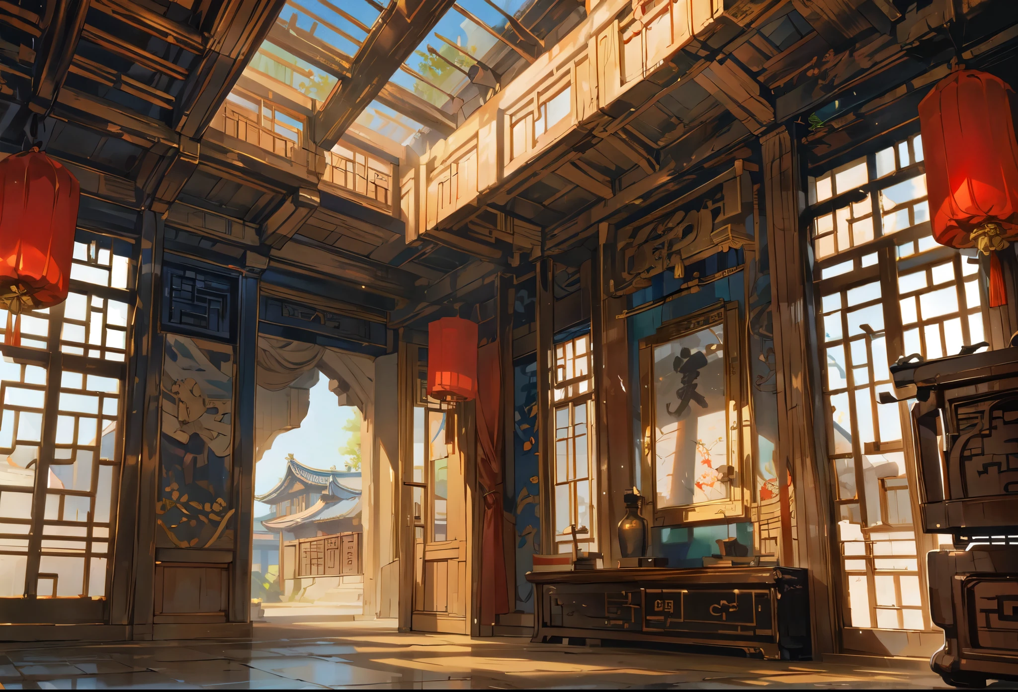 inside Old ancient chinese mansion, ancient traditional mansion, mansion, bight colors, stunning mansion, detailed chinese mansion, indoors, blue sky, daytime, scene, scenery, background, rich ancient chinese mansion indoors, luxury, detailed