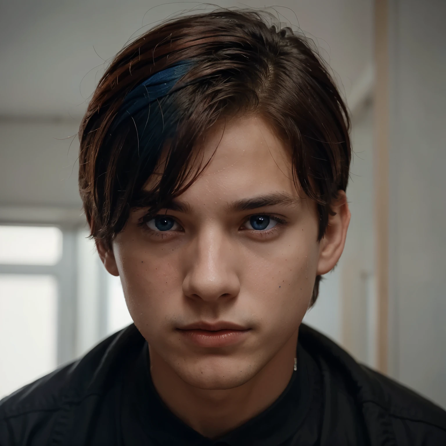 a boy look like very good hair colour red and black eye colour blue red and a cut of his eyes 