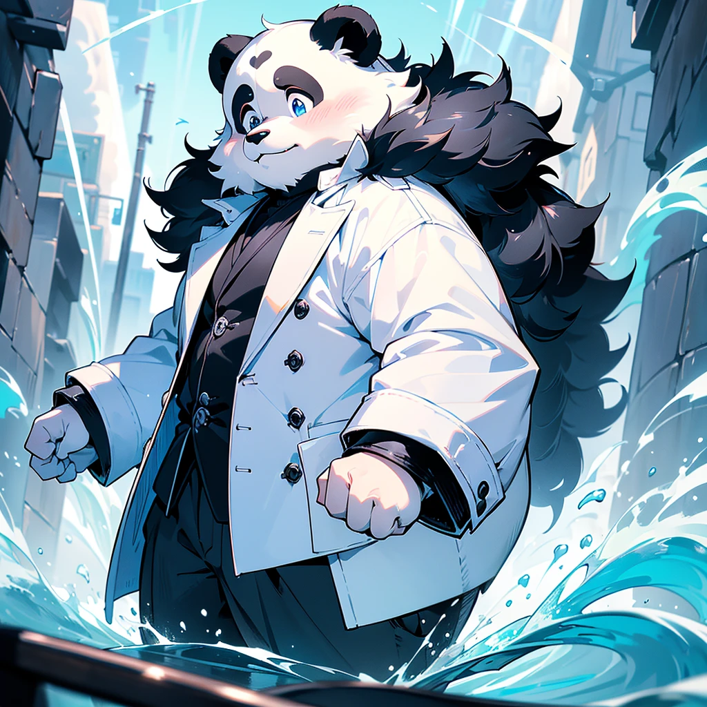 (masterpiece)，(Very detailed)，(best quality)，hairy，Giant Panda，fur，(blush:1.1)，peaceful，((Gentle expression))，Temple Background，8k，(high quality)，(Ultra HD)，(Ultra Detailed)，male，Age 18 years，Slightly plump figure,Cute and handsome,Very kind face。Round and cute cheeks。Green pupil in the left eye,Right eye blue pupil。Black and white fur。Sagging eyes。The hair on the left arm and left hand is pure white fur。Wearing a white shirt with a navy blue collar,With a white coat,The upper part of the coat has some light blue ink gradient,Wearing grey trousers,Wearing blue and white sneakers。