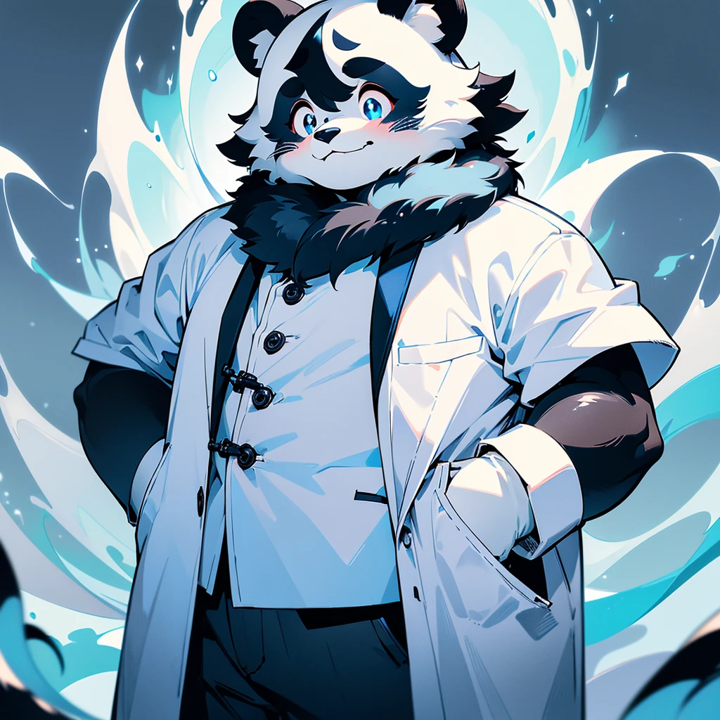 (masterpiece),(Very detailed),(best quality),hairy,Giant Panda,fur,(blush:1.1),peaceful,((Gentle expression)),Temple Background,8k,(high quality),(Ultra HD),(Ultra Detailed),male,Age 18 years,Slightly plump figure,Cute and handsome,Very kind face。Round and cute cheeks。Green pupil in the left eye,Right eye blue pupil。Black and white fur。Sagging eyes。The hair on the left arm and left hand is pure white fur。Wearing a white shirt with a navy blue collar,With a white coat,The upper part of the coat has some light blue ink gradient,Wearing grey trousers,Wearing blue and white sneakers。