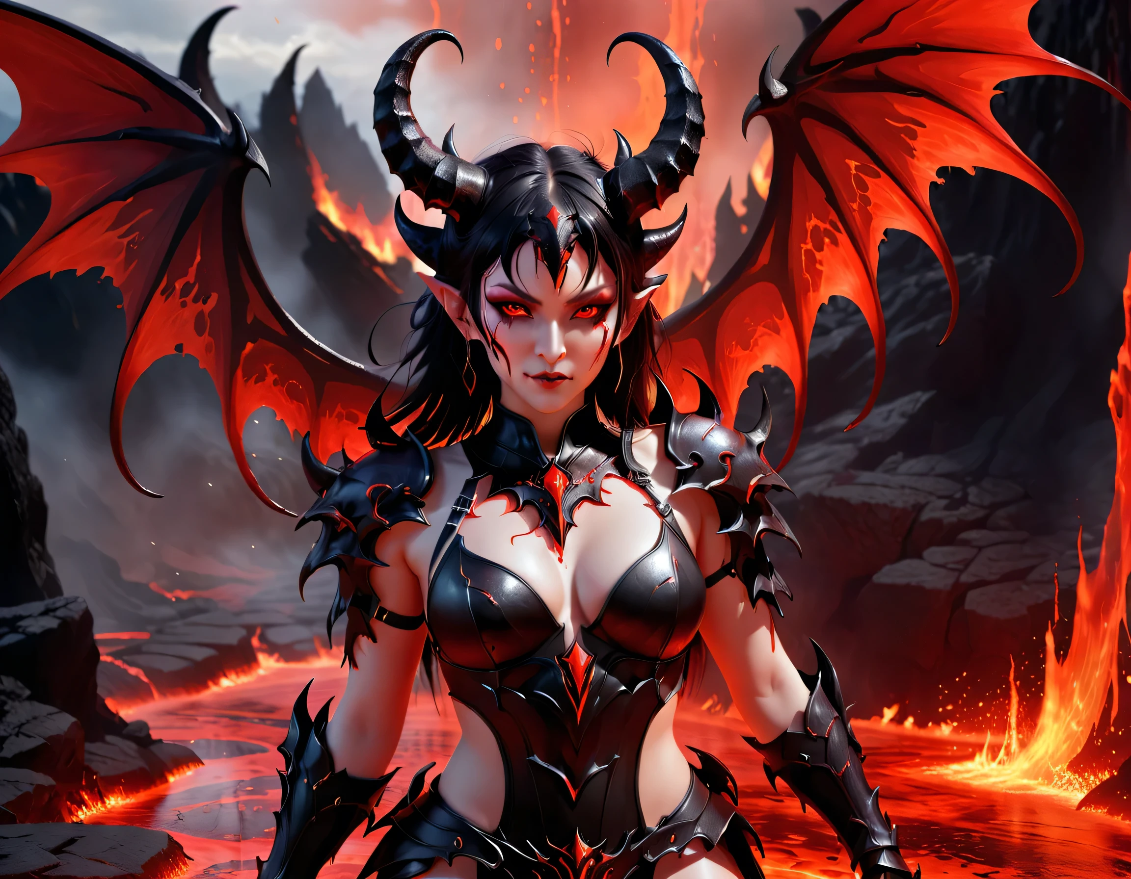 fantasy art, RPG art, masterpiece, a portrait picture o hellish female demon from hell, she has (black horns: 1.2), (black: 1.2) demon wings, (red: 1.kin, red lava dripping from her, she wears white armor, hdsrmr, streams of rolling lava, hell in the background, 3d rendering, shadow wings