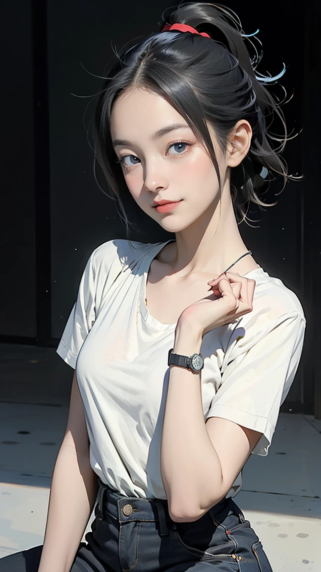 ((highest quality)), ((masterpiece)),High resolution (High Dynamic Range),Ray tracing, Super Resolution, (((anime screencap, black outline, Written boundary depth , written soft outline))), blur, bokeh, Maximum clarity and sharpness,Multilayer Texture,surface shading,Accurate simulation of light-matter interactions,Perfect Proportions,Two-tone lighting, White balance,8K, limit only one woman, BREAK beautiful hair, Beautiful Face, Beautiful and beautiful eyes, Beautiful body, Beautiful breasts, Beautiful thighs, Beautiful feet, Beautiful fingers, (Beautiful views) , breast enlarged, large breast, perky tits, (blush, smiling ,closed mouth, 20 years, seductive adult woman , anime gyaru , Narrow eyes) , long hair, shortcut hair, pixie cut, wind blowing hair,streaked hair, hair intakes, colored inner hair, BREAK (light blue,light yellow, light green,white,light pink), cropped shoulder, nail art, necklace, bridal ring, wearing a watch BREAK ((( cowboy shot, looking at viewer, \(face waiting for kiss\):1.3))), (sitting),BREAK flowers artwork, fashion magazine