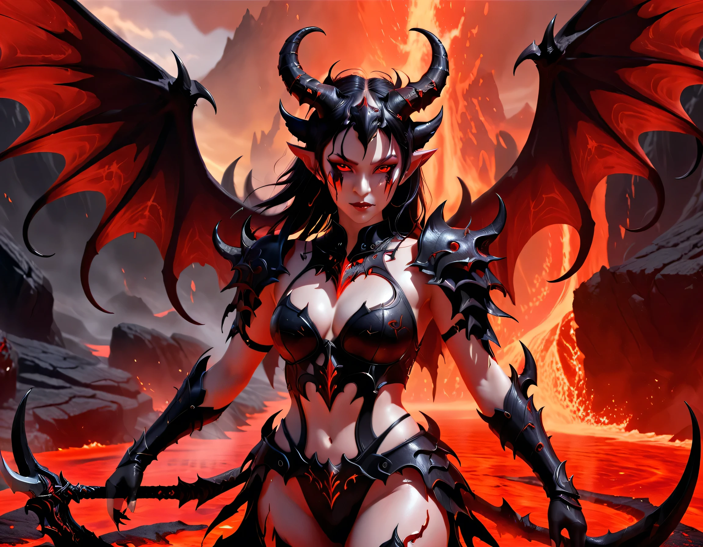 fantasy art, RPG art, masterpiece, a portrait picture o hellish female demon from hell, she has (black horns: 1.2), (black: 1.2) demon wings, (red: 1.3) skin, red lava dripping from her, she wears white armor, hdsrmr, streams of rolling lava, hell in the background, 3d rendering, shadow wings