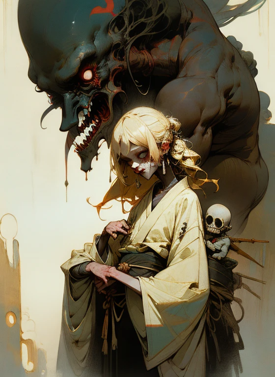 (masterpiece), (High resolution), (Very delicate), (masterpiece: 1.2, highest quality), ((pierce;Put your hands forward)), scribble, nightmare, Doll-like face, Manga style, rough sketch, Manga styleイラスト, (Horror elements), Japanese painting, whole body,(snap shot), (Spooky), Japan sculpture,old picture scroll style, old staging, Ancient mural style, crazy illustration, Dark atmosphere, Flat Illustration, Spookyな外観, A very distinctive hairstyle, disheveled blonde hair、creative accessories, Unique atmosphere、Punk Kimono、Girl punching