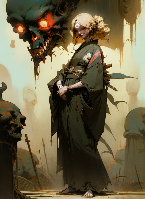 (masterpiece), (High resolution), (Very delicate), (masterpiece: 1.2, highest quality), ((pierce;Put your hands forward)), scribble, nightmare, Doll-like face, Manga style, rough sketch, Manga styleイラスト, (Horror elements), Japanese painting, whole body,(snap shot), (Spooky), Japan sculpture,old picture scroll style, old staging, Ancient mural style, crazy illustration, Dark atmosphere, Flat Illustration, Spookyな外観, A very distinctive hairstyle, disheveled blonde hair、creative accessories, Unique atmosphere、Punk Kimono、Girl punching
