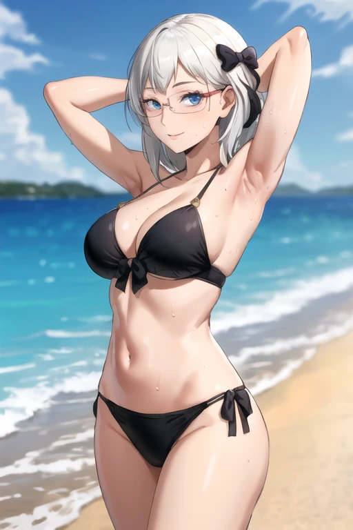 ((best quality)),((highly detailed)),masterpiece,absurdres,detailed face,beautiful face,(detailed eyes, deep eyes),1girl,((dynamic pose)), gold ship, white hair, solo, bow, large breasts, cowboy shot, beach, outdoors, seductive smile, looking at viewer, wearing black bikini, put your hands behind your head, armpits, armpits visible, sweaty armpits, wearing glasses