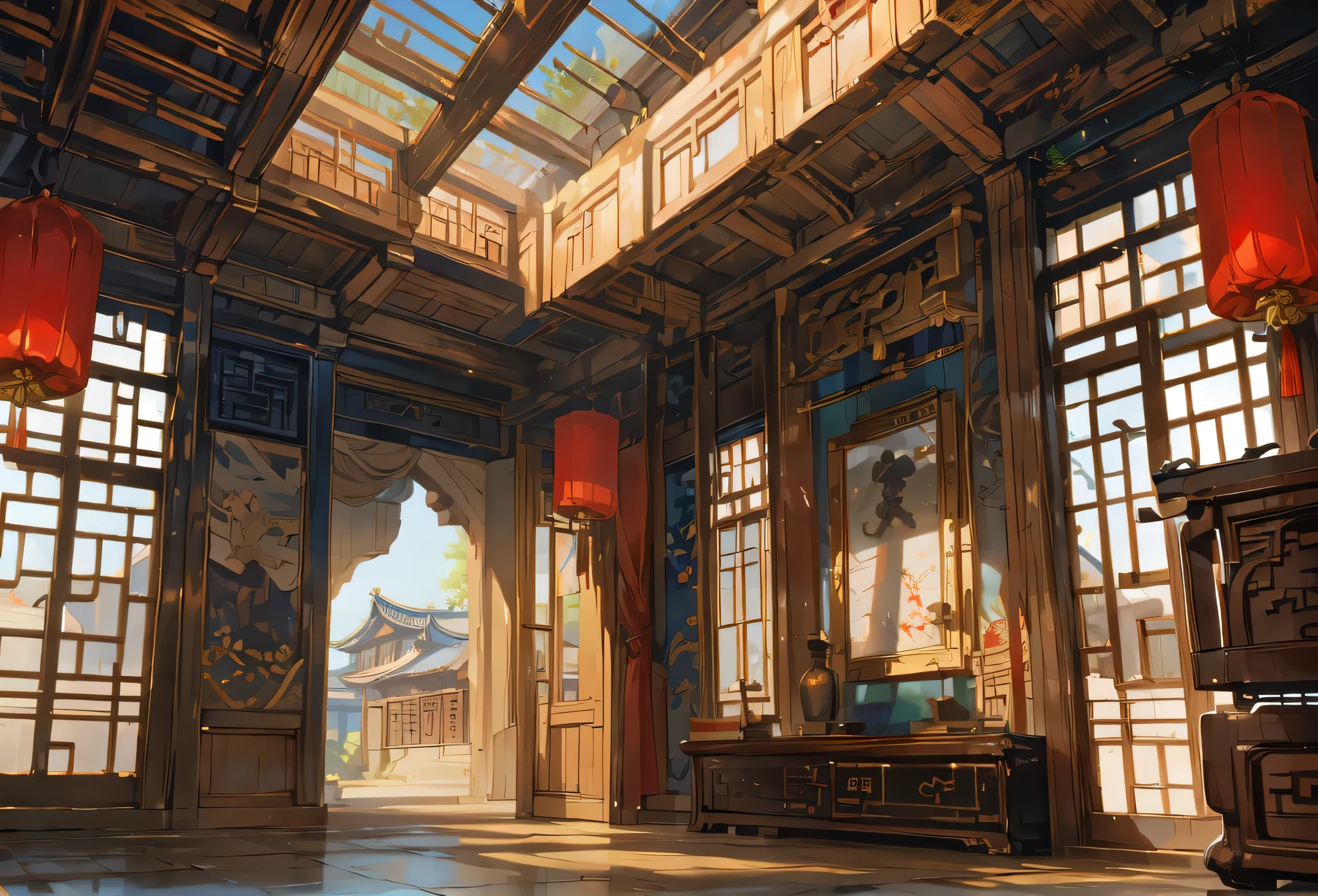 inside Old ancient chinese mansion, ancient traditional mansion, mansion, bight colors, stunning mansion, detailed chinese mansion, indoors, blue sky, daytime, scene, scenery, background, rich ancient chinese mansion indoors, luxury, detailed