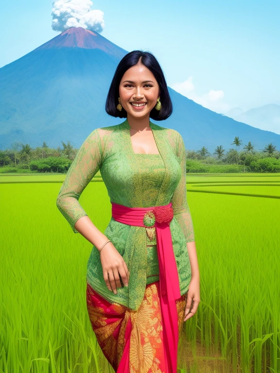 A Gorgeous black haired female Indonesian West Javanese Rice Farmer wears light green kebaya dress with a happy face and light laugh, nurturing her just about to crop rice at her vast rice field with beautiful volcano in background, bamboo hut and bamboo woods, an epic masterpiece hyper realistic digital art of Frank Bellamy, professional color grading by Kenneth Hines Jr. , 80's European Color Comic Style