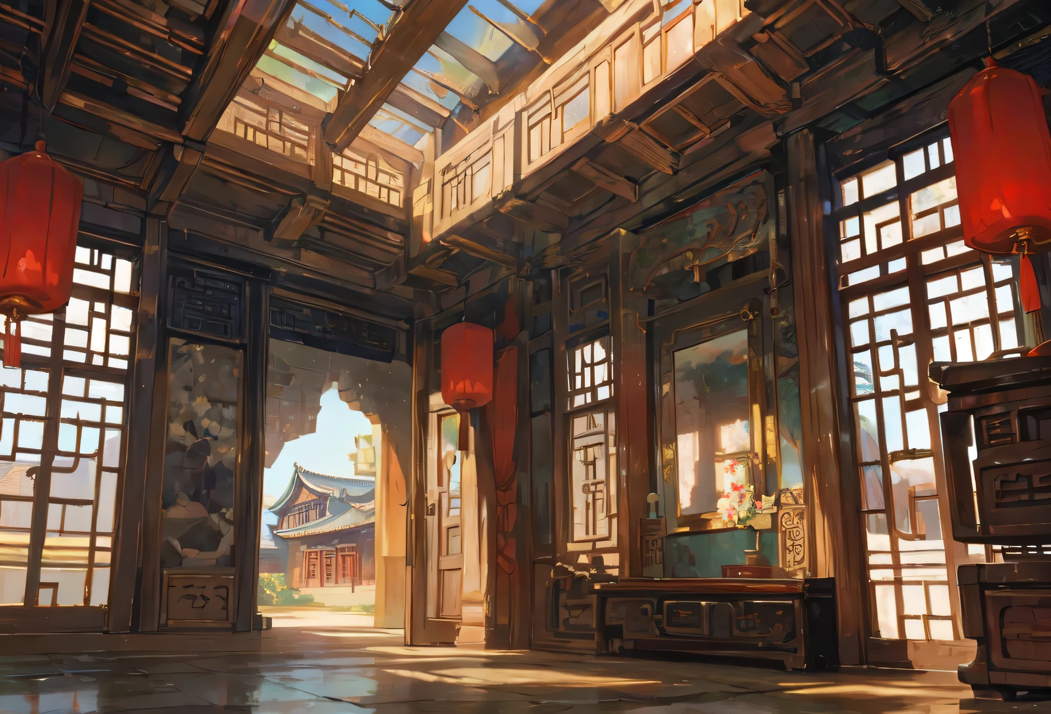 inside Old ancient chinese mansion, ancient traditional mansion, mansion, bight colors, stunning mansion, detailed chinese mansion, indoors, blue sky, daytime, scene, scenery, background, rich ancient chinese mansion indoors, luxury