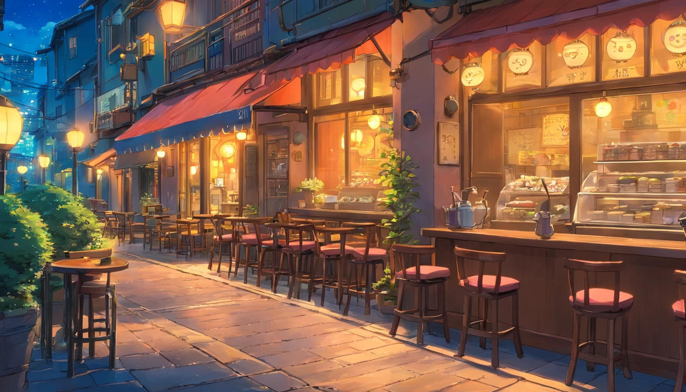 Cafe, coffee table and, interior background art，style of anime , night, in the city, one table , anime background 